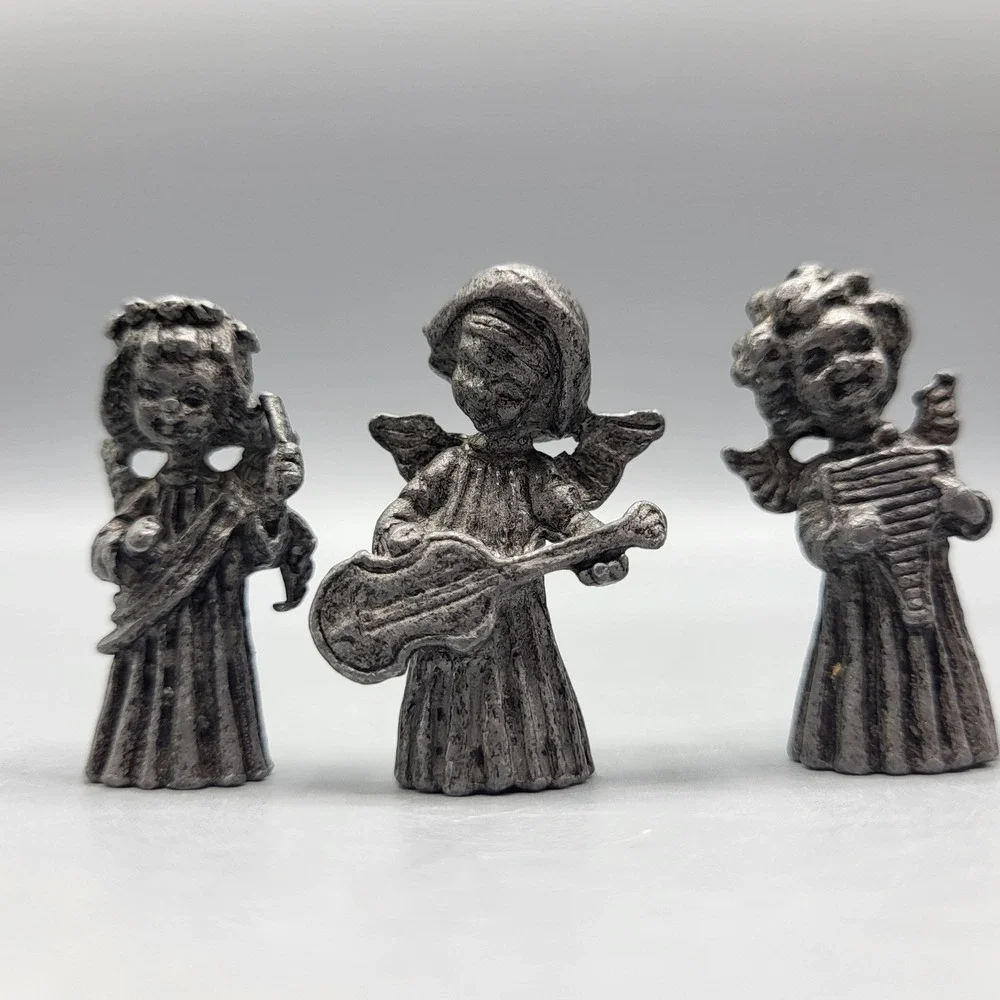 Vernon Pewter Angel Figurines Set of 3 Musical Instruments Silver tone 1.5 in
